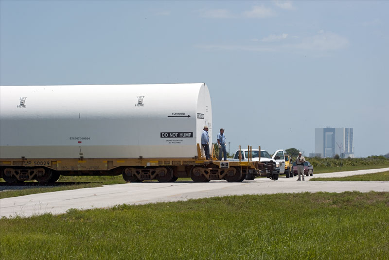 Final shuttle booster segments arrive by train