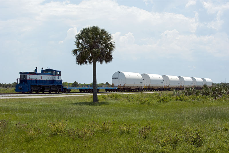 Final shuttle booster segments arrive by train