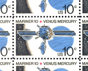 Set of eight unused blue and white 10-cent Mariner 10 USPS stamps celebrating its voyage to Venus and Mercury from 1975