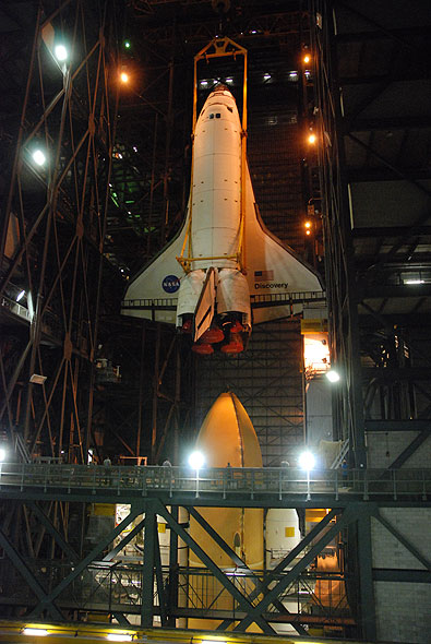 Shuttle Discovery mated with its final boosters and tank