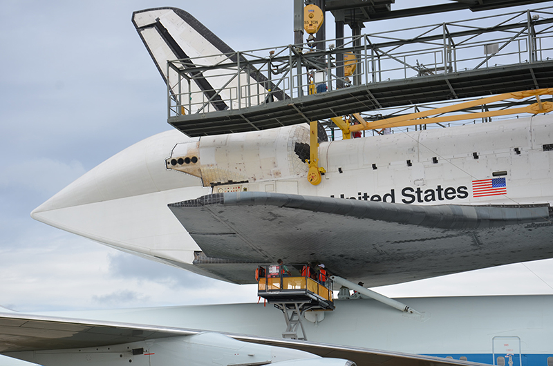 Space shuttle Endeavour mounted on 747 jet for final flight to L.A.