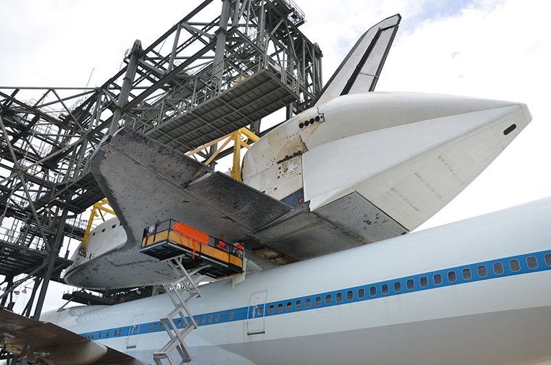 Space shuttle Endeavour mounted on 747 jet for final flight to L.A.